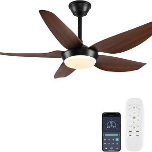 Modern Ceiling Fan with Lights, 43 Inch, 3 Color Dimmable, Low Profile, Reversible, DC Motor, 6 Speed, Remote/APP Control, Indoor/Outdoor, Brown, 5 Blades