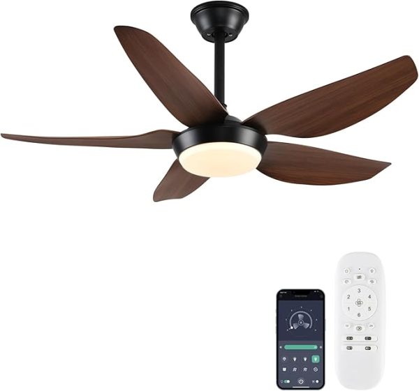 Modern Ceiling Fan with Lights, 43 Inch, 3 Color Dimmable, Low Profile, Reversible, DC Motor, 6 Speed, Remote/APP Control, Indoor/Outdoor, Brown, 5 Blades