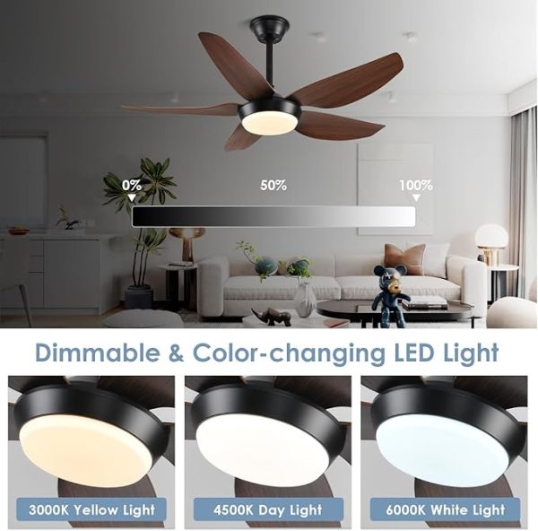 Modern Ceiling Fan with Lights, 43 Inch, 3 Color Dimmable, Low Profile, Reversible, DC Motor, 6 Speed, Remote/APP Control, Indoor/Outdoor, Brown, 5 Blades - Image 2