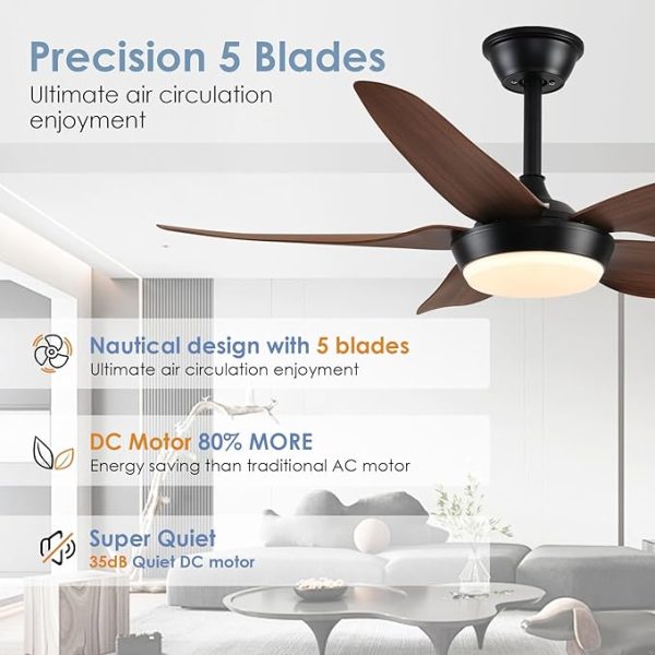 Modern Ceiling Fan with Lights, 43 Inch, 3 Color Dimmable, Low Profile, Reversible, DC Motor, 6 Speed, Remote/APP Control, Indoor/Outdoor, Brown, 5 Blades - Image 3