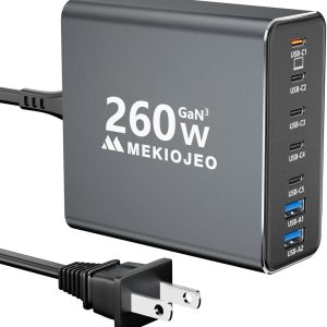 Aluminum Alloy 260W USB C Charger GaN Charger Fast USB C Charging Station 7 Ports 65W Laptop Charger for MacBook Pro/Air/iPad Pro/iPhone (Grey)