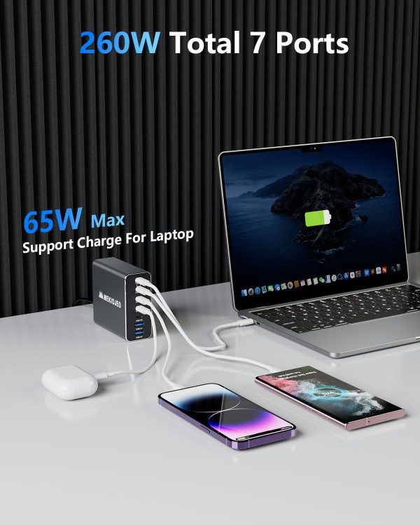 Aluminum Alloy 260W USB C Charger GaN Charger Fast USB C Charging Station 7 Ports 65W Laptop Charger for MacBook Pro/Air/iPad Pro/iPhone (Grey) - Image 2