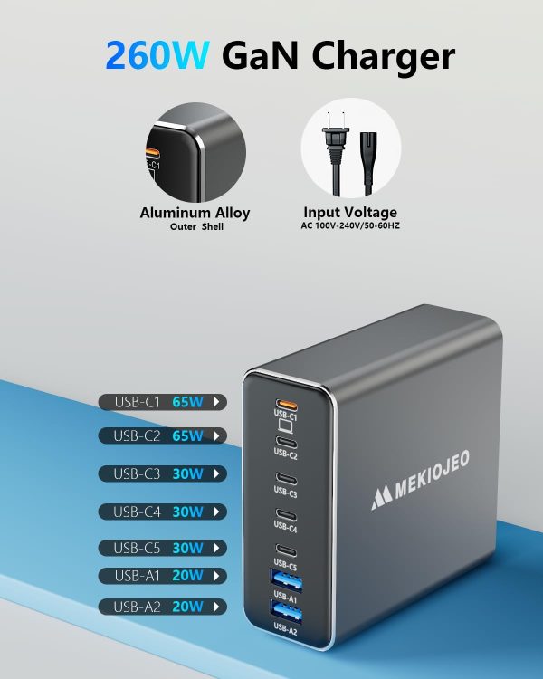 Aluminum Alloy 260W USB C Charger GaN Charger Fast USB C Charging Station 7 Ports 65W Laptop Charger for MacBook Pro/Air/iPad Pro/iPhone (Grey) - Image 3