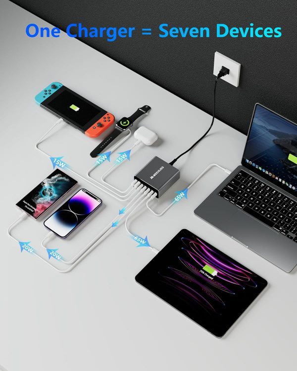 Aluminum Alloy 260W USB C Charger GaN Charger Fast USB C Charging Station 7 Ports 65W Laptop Charger for MacBook Pro/Air/iPad Pro/iPhone (Grey) - Image 4