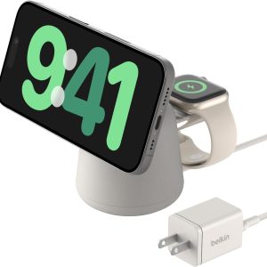 Belkin 2-in-1 MagSafe Wireless Charging Dock 15W Fast Charge iPhone Charger Compatible with iPhone 16, 15, 14, and 13 Series, AirPods, and Other MagSafe Enabled Devices, Includes Power Supply - Sand