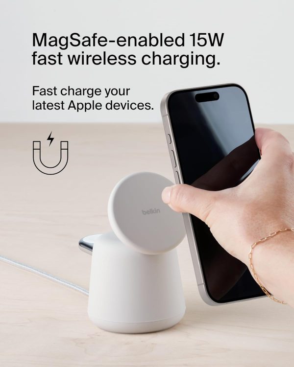Belkin 2-in-1 MagSafe Wireless Charging Dock 15W Fast Charge iPhone Charger Compatible with iPhone 16, 15, 14, and 13 Series, AirPods, and Other MagSafe Enabled Devices, Includes Power Supply - Sand - Image 2