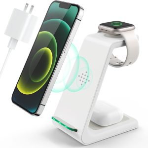 Wireless Charging Station, 3 in 1 Fast Desk Charging Station, Wireless Charger Stand for iPhone 15/14/13/12/11 Pro Max/X/Xs Max/8/8 Plus, AirPods 3/2/pro, iWatch Series 9/8/7/6/5/SE/4/3/2
