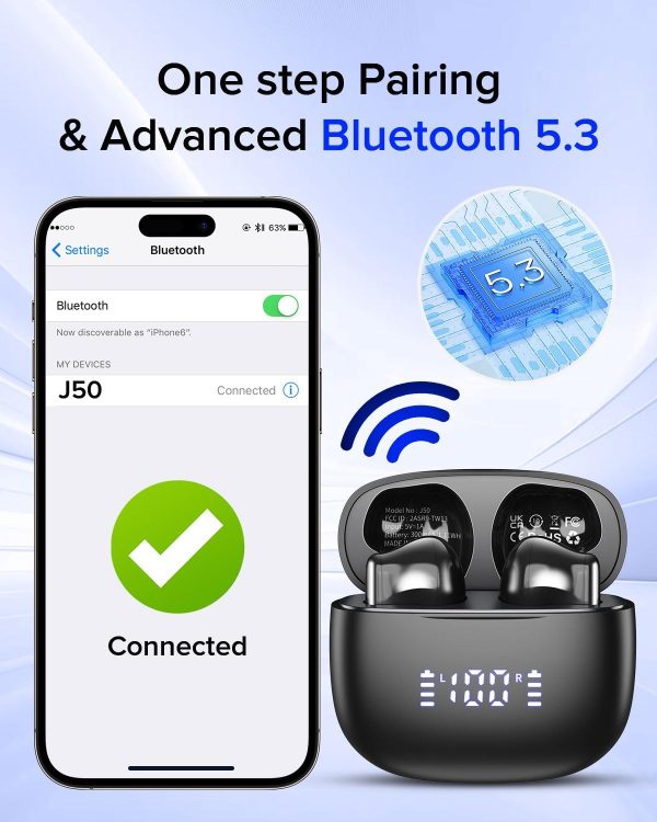 Wireless Earbuds Bluetooth 5.3 Headphones, Bluetooth Earbuds with Noise Cancelling Mic LED Display, Hi-Fi Stereo, 42H Playback, IPX7 Waterproof, Smart Touch Control, Ergonomic Design Black - Image 3